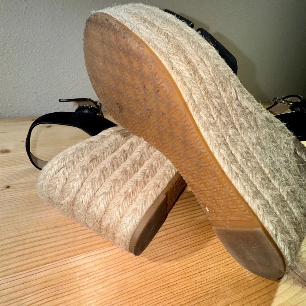 Sam Edelman Espadrille Platform‎ Wedge Sandals Black Leather Size 9.5M